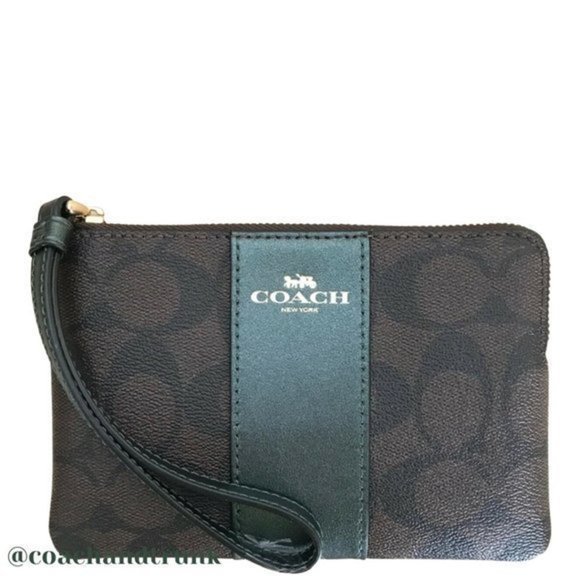 NWT COACH Corner Zip Wristlet In Signature Canvas With Metallic Forest Green - Picture 4 of 10